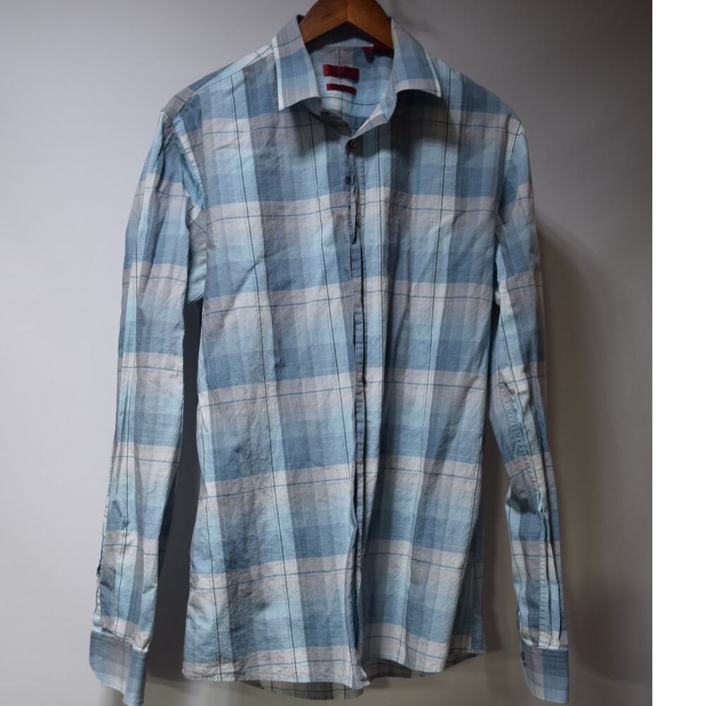 HUGO by Hugo Boss Blue Plaid Dress Shirt Men's 100% Cotton Long Sleeve XL